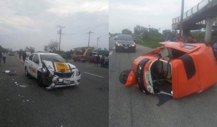 Taxi y pochimóvil chocan en la Villahermosa Frontera dos personas