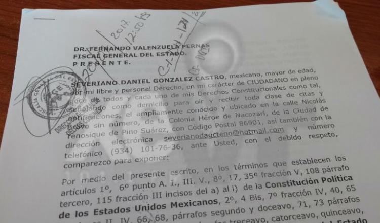 Denuncian ante FGE a edil de Tenosique por presunto sobre avalúo en la compra de un terreno