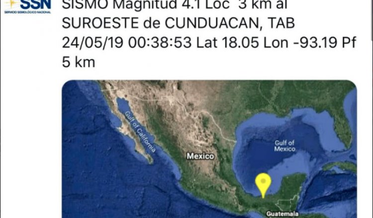 Se registra sismo de 4.1 en Cunduacán; se sintió en Villahermosa 