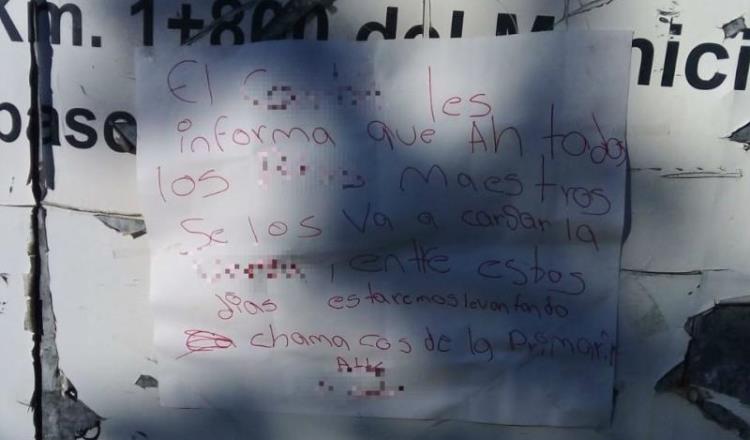 Amenazan en cartulina a maestros y alumnos en la ranchería El Bajío 