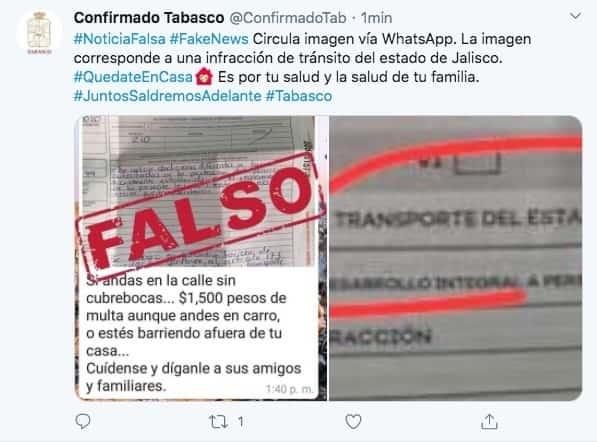 Difunden imagen falsa de infracción de tránsito en Tabasco por no respetar medidas sanitarias