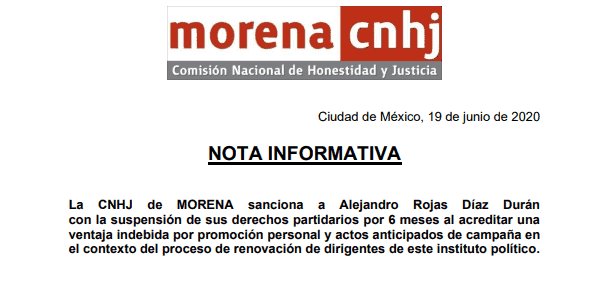Suspende Morena por seis meses derechos políticos de Alejandro Rojas