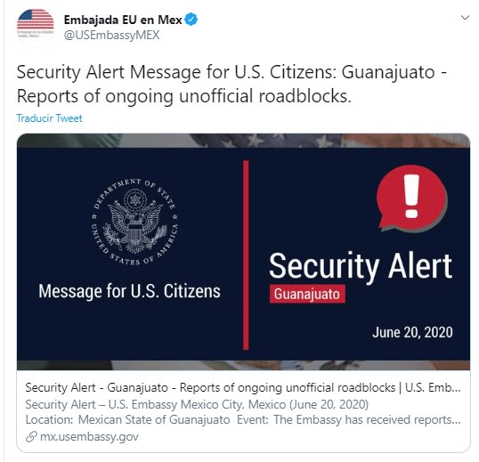 Estados Unidos alerta a connacionales evitar transitar por Guanajuato, tras fin de semana violento