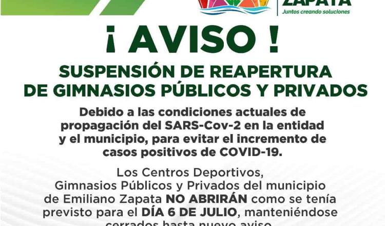 Suspende Emiliano Zapata reapertura de gimnasios