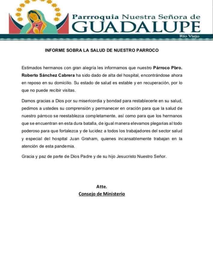 Dan de alta al padre Roberto Sánchez, enlace de prensa de la Diócesis, tras ser internado por Covid-19