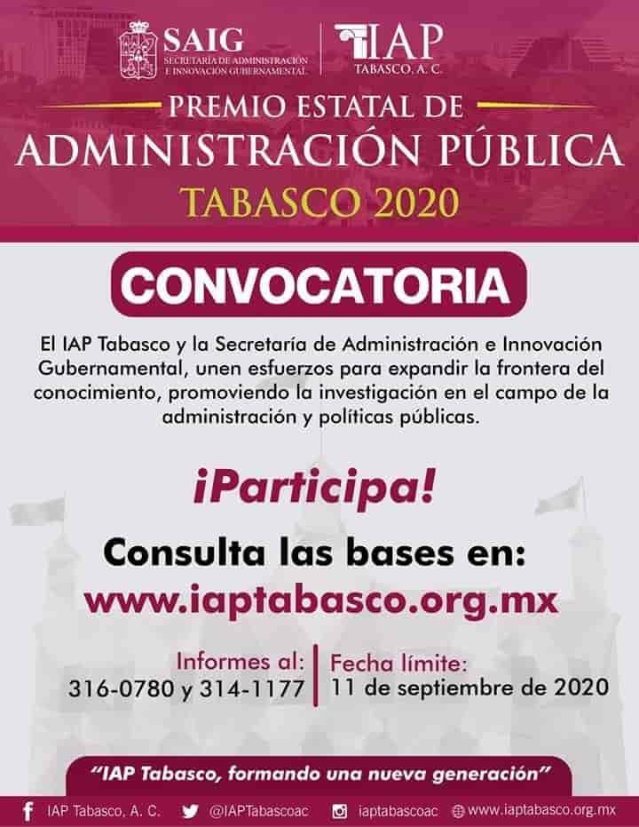 Lanzan convocatoria al Premio Estatal de Administración Pública Tabasco 2020