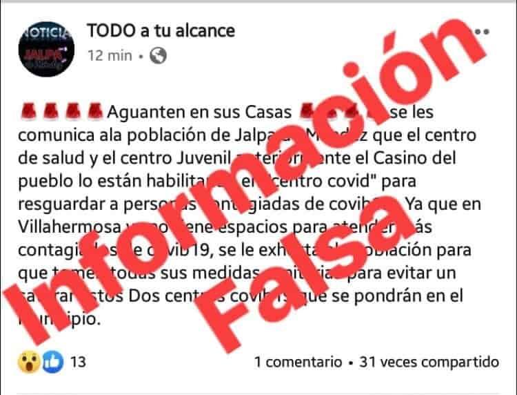 Desmiente Salud Estatal mensaje sobre supuesta falta de espacios para pacientes Covid en Villahermosa