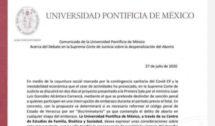 Alerta Universidad Pontificia de México, que de aprobarse despenalizar el aborto en Veracruz, se extenderá a las demás entidades