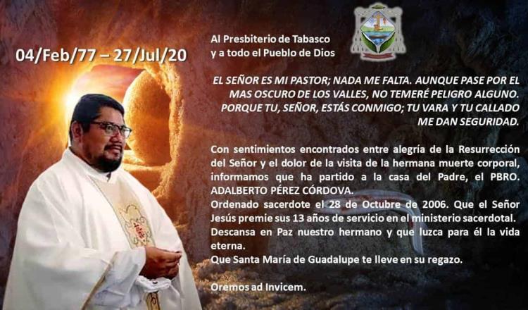 Fallece tercer sacerdote tabasqueño por Covid-19; era originario de Centla