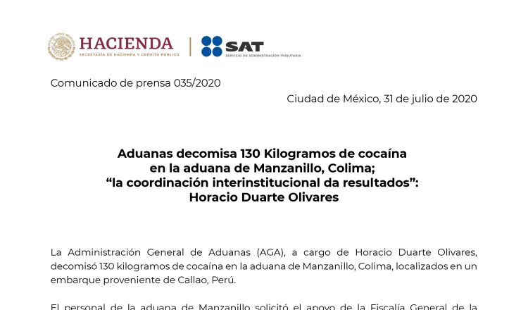 Decomisan en aduana de Manzanillo, 130 Kilos de cocaína proveniente de Perú