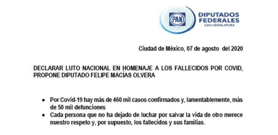Proponen diputados del PAN declarar luto nacional en memoria de los más de 50 mil mexicanos que han fallecido a causa del Covid