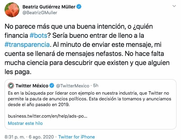 Pide Beatriz Gutiérrez Müller a Twitter entrarle de lleno a la transparencia