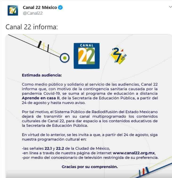 Se suma Canal 22 a transmisión de clases a distancia