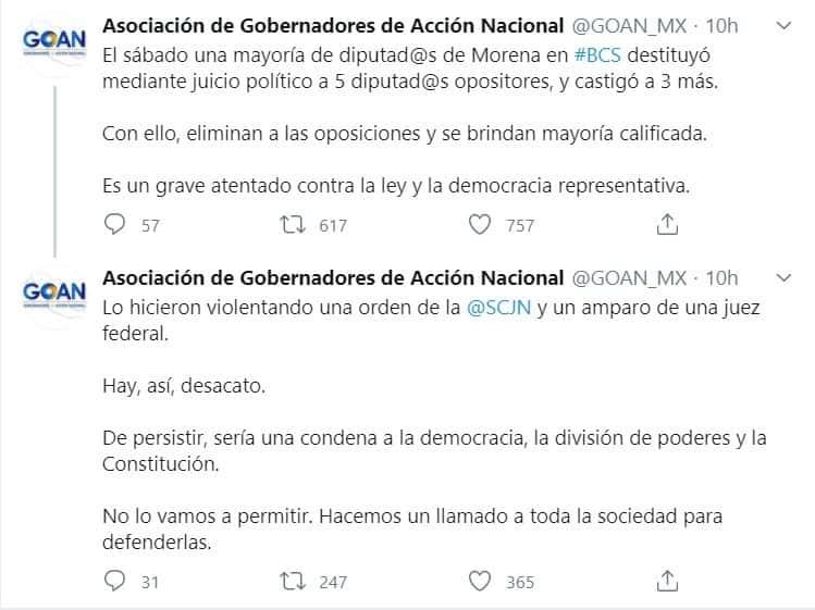 En contra se pronuncia Asociación Nacional de Gobernadores de Acción Nacional con destitución de diputados en Baja California Sur