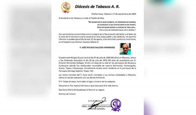 Fallece el padre ‘Cuco’ por Covid-19; es el cuarto sacerdote que muere por la pandemia en Tabasco