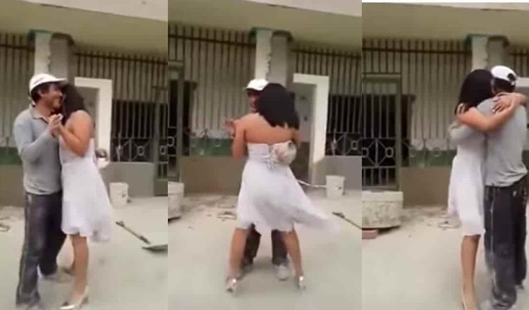 Quinceañera visita a su papá albañil en la obra, para bailar vals con él