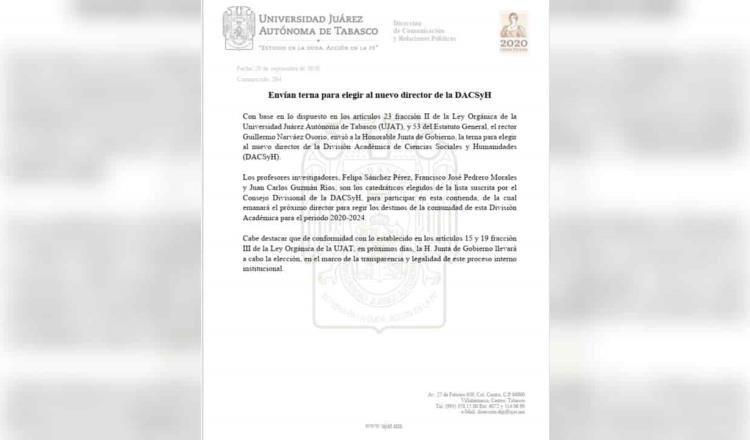 Envía rector de la UJAT terna para renovar dirección de División de Sociales y Humanidades