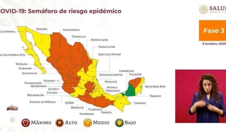 Otorga Salud federal color amarillo a Tabasco; Campeche se mantiene en verde y siete estados regresan a naranja