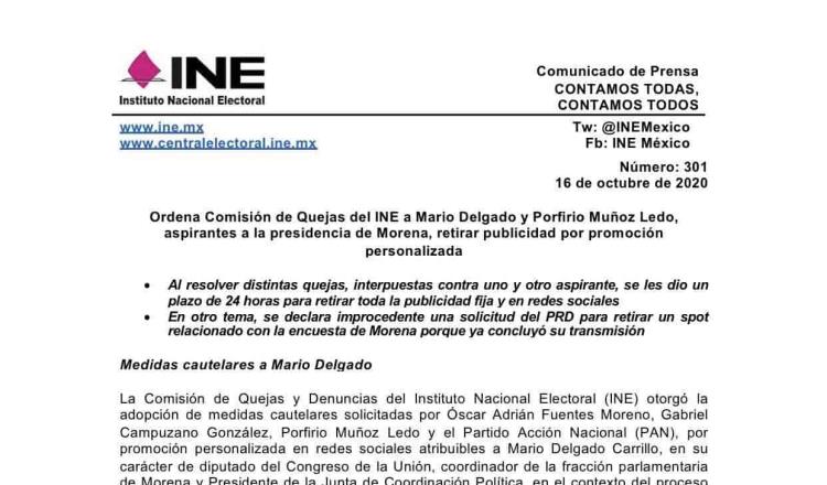 Ordena INE a Delgado y Muñoz Ledo retirar propaganda por renovación de la dirigencia de Morena