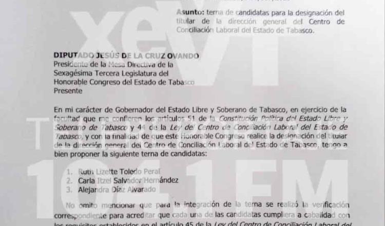 Propone gobernador terna para la dirección General del Centro de Conciliación Laboral de Tabasco 