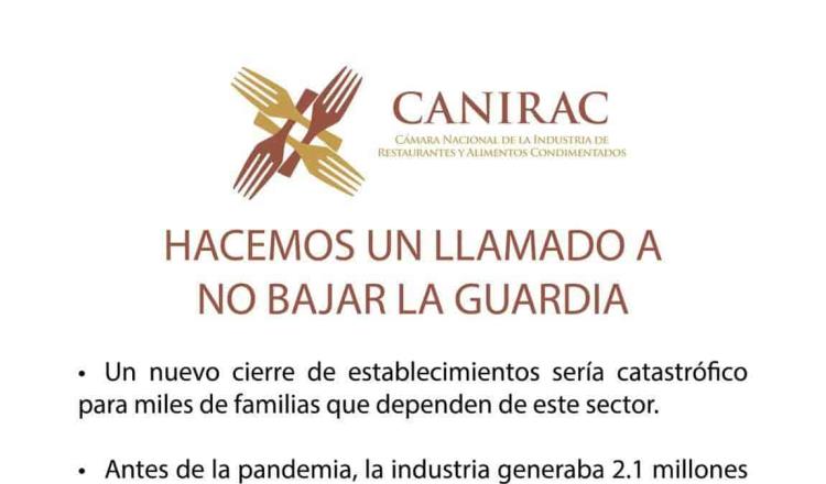 Advierte Canirac cierre de hasta 122 mil restaurantes, en caso de regresar al confinamiento por rebrotes de Covid en México