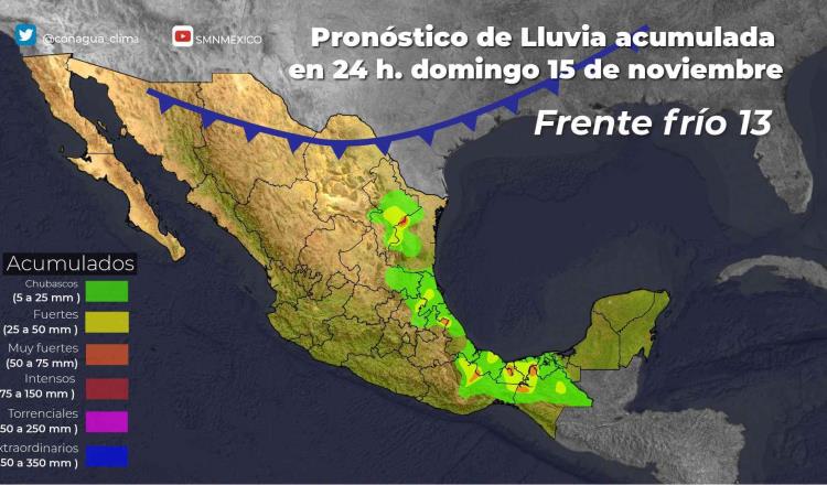 Nuevo Frente Frío dejaría lluvias acumuladas en Tabasco y Chiapas de más de 200 mm en 4 días