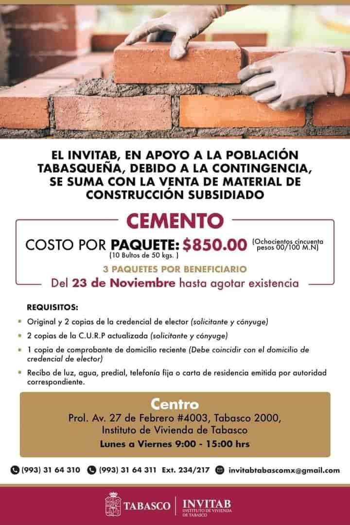 Anuncia INVITAB venta de material de construcción subsidiado en apoyo a damnificados