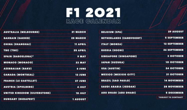 F1 da a conocer calendario 2021; GP de México será el 31 de octubre