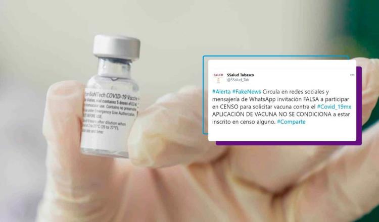 Alerta Salud sobre falso censo para solicitar vacuna de COVID-19 en Tabasco; ‘aplicación no se condiciona’, dice 