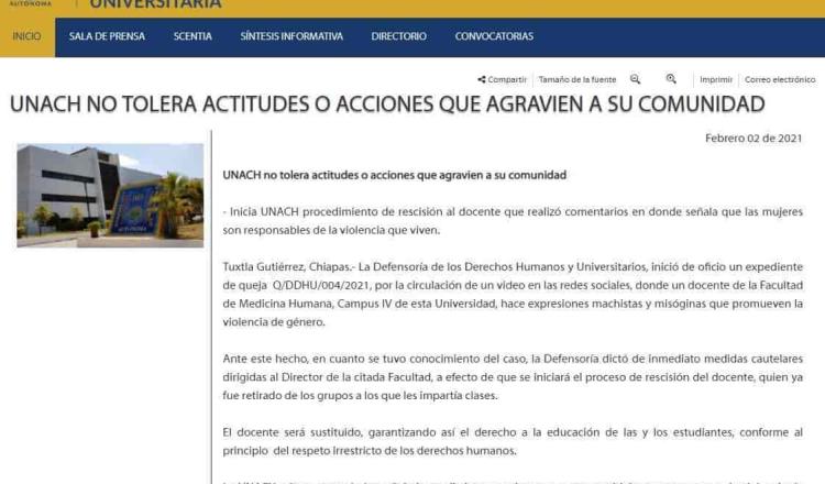 Inicia la Universidad Autónoma de Chiapas procedimiento de rescisión a profesor por expresiones misóginas