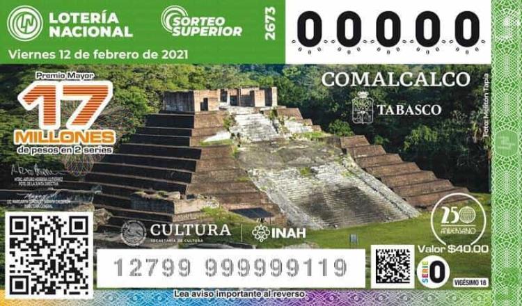Desvela Lotería Nacional billete alusivo a la zona arqueológica de Comalcalco