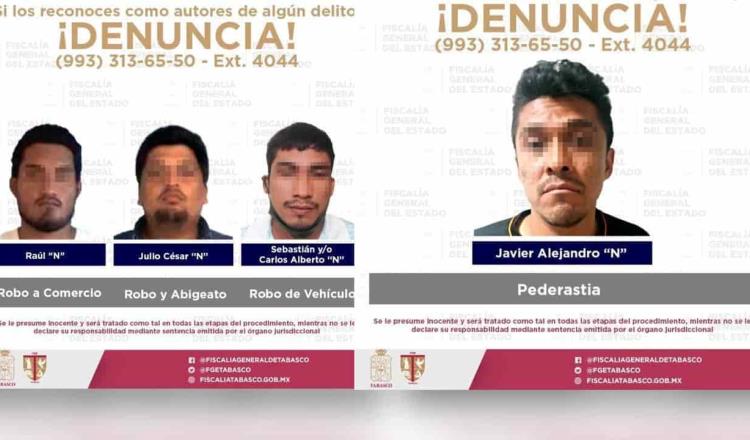 Aprehende FGE a cinco por delitos en Comalcalco, Centla, Centro y Huimanguillo
