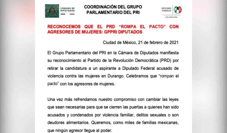 Celebra PRI que PRD retire candidatura a acusado de violencia contra las mujeres