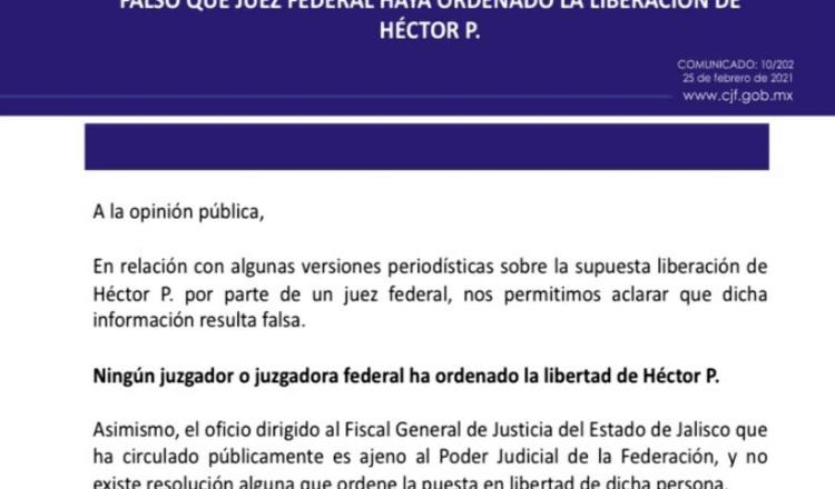 Ningún juzgador o juzgadora federal ha ordenado la libertad de Héctor Palma: CJF