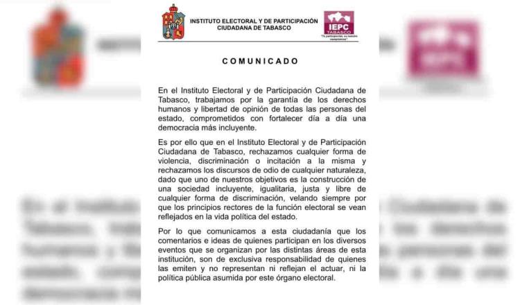 Se deslinda IEPC de expresiones contra la comunidad LGBT vertidos en una ponencia auspiciado por el órgano electoral local