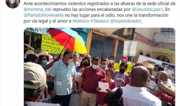 Reprueba delegado del CEN de Morena en Tabasco, acontecimientos violentos en la sede estatal