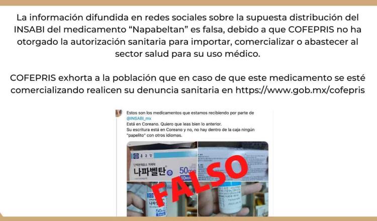 Alerta COFEPRIS que el medicamento Napabeltan no cuenta con autorización para su venta