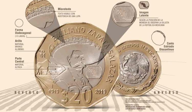 Ponen en circulación moneda de 20 pesos por centenario de la muerte de Emiliano Zapata
