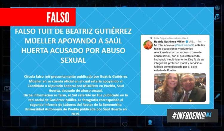 Circula en redes sociales tuit falso atribuido a Beatriz Gutiérrez Müller apoyando al diputado Saúl Huerta