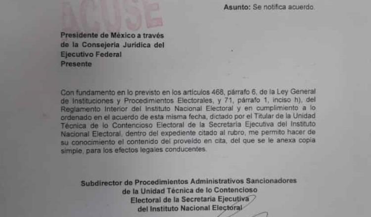 Notificó INE desde el jueves apercibimiento al Presidente