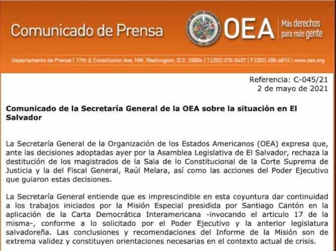 Rechaza OEA destitución de magistrados hecha por la Asamblea Legislativa de El Salvador