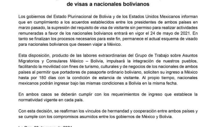 Anuncia cancillería eliminación de visado para bolivianos que ingresen a México, a partir del 24 de mayo