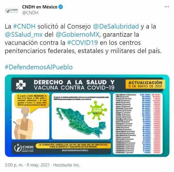 Suman 17 mil 096 reclusos vacunados contra el COVID-19 en México, reporta CNDH