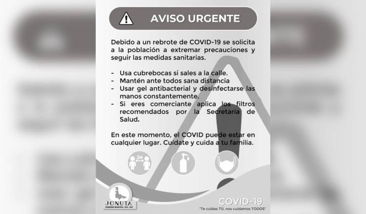 Advierte Ayuntamiento de Jonuta sobre “rebrote” de contagios por coronavirus