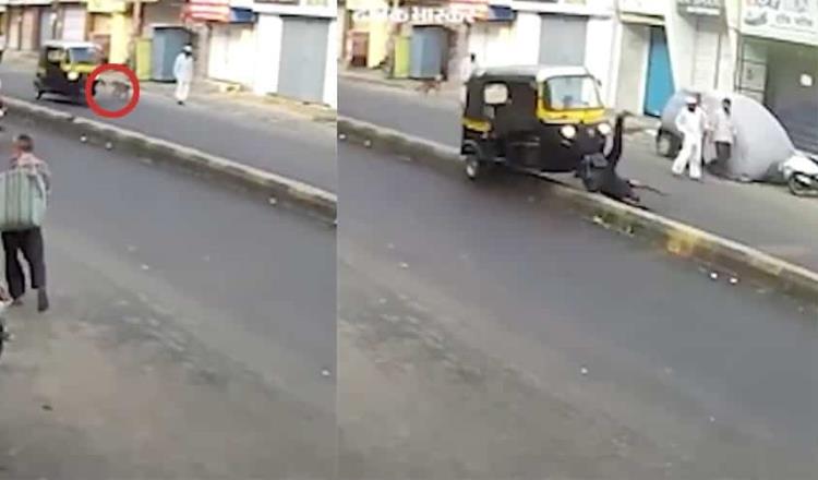 Hombre intenta patear a un perrito y se termina volcando en su mototaxi en Arabia