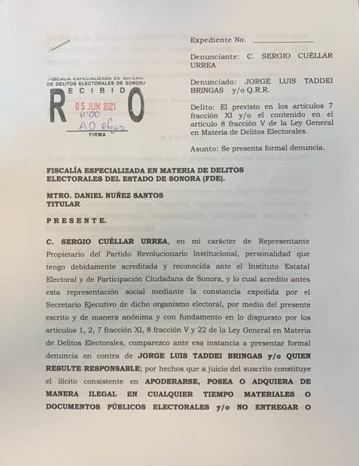 Denuncia PRI Sonora a delegado de Bienestar por poseer materiales y documentos públicos electorales en su domicilio particular