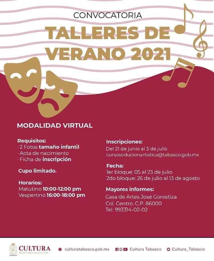 Invita Secretaría de Cultura de Tabasco a los talleres de verano 2021