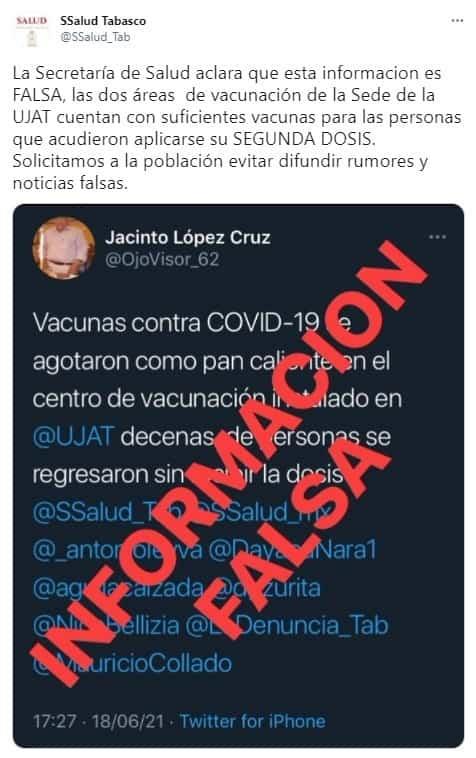 Desmiente Salud Tabasco supuesta falta de vacunas anticovid en módulo de la UJAT