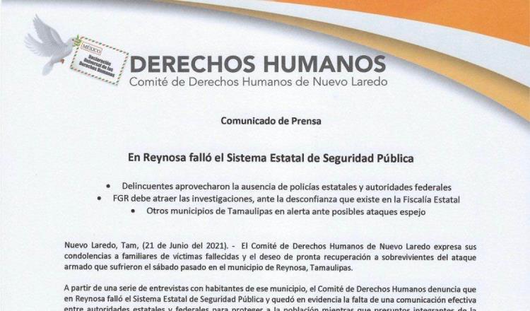 En Reynosa falló el Sistema Estatal de Seguridad Pública, acusa Derechos Humanos de Nuevo Laredo