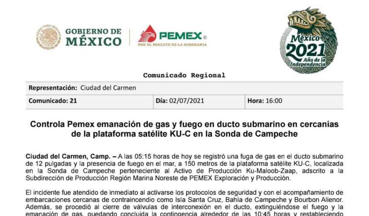 Inicia Pemex investigación por incendio en ducto submarino en plataforma KU-C en la Sonda de Campeche